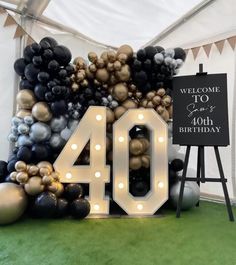 a sign that says welcome to our forty birthday with balloons and streamers around it