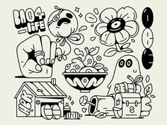 a black and white drawing of various objects