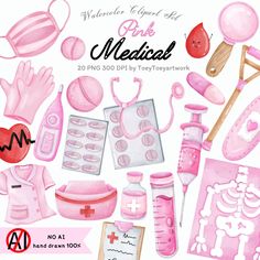 pink medical items are arranged on a white background