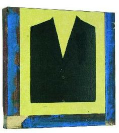 a painting of a man in a suit and tie on a piece of wood with blue paint