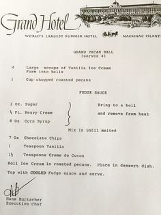 the menu for grand hotel is shown in black and white