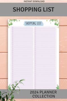 the printable shopping list is shown on top of a pink wooden table with potted plants