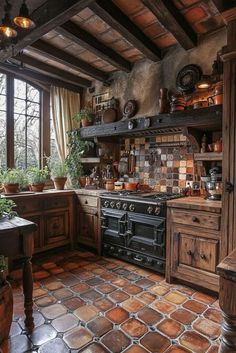 an old fashioned kitchen with wooden cabinets and tile flooring is pictured in this image