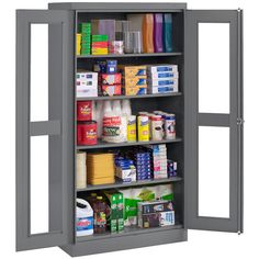 a metal storage cabinet filled with lots of items