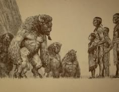 an old drawing of native americans and bears