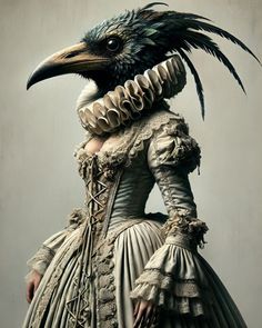 a woman in an elaborate dress with a bird on her head and feathers sticking out