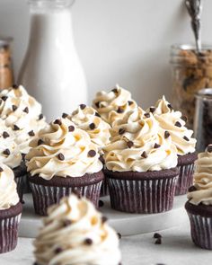 chocolate cupcakes with white frosting and chocolate chips