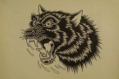 a black and white drawing of a growling wolf