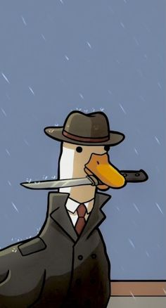 a duck dressed in a suit and hat with a knife sticking out of it's mouth