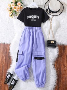 Purple Casual Collar Short Sleeve  Letter  Embellished Medium Stretch  Tween Girls Clothing Cheap Kids Clothes, Cute Dress Outfits, Quick Outfits, Cute Outfits For School, Cute Preppy Outfits, Easy Trendy Outfits, Tween Outfits, Athleisure Outfits, Simple Trendy Outfits