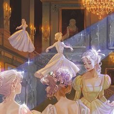 an image of some women dressed up in fancy dresses and tiaras looking at each other