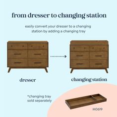 an info sheet describing how to change the changing station from dresser to changing station with instructions