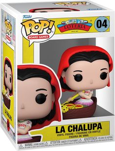 a pop vinyl figure in a box with an image of the character la chalupa