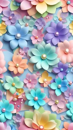 colorful flowers with pearls on them are shown in this wallpaper pattern, which is also available