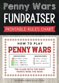 Running a penny wars fundraiser just got a little easier for your PTO/PTA! Learn the rules of the game, create a custom fundraiser flyer, get printable rule charts, advice on jars and containers for the coins, bulletin board ideas, and so much more! Learn more at roommomrescue.com | Penny Wars Fundraiser Rules Chart | Exciting Fundraiser for Your School | School Fundraising Ideas Penny Fundraiser Ideas, Pta Penny Wars, Sga Fundraising Ideas, Hospital Fundraising Ideas, Coin Wars Fundraiser School Fundraisers, Penny Drive Fundraiser Ideas, No Sale Fundraiser, Small School Fundraisers, Fundraisers For School