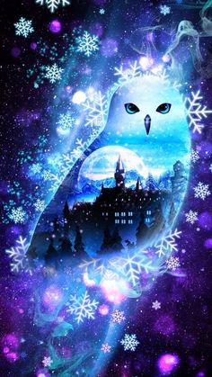 an owl sitting on top of a purple and blue background with snowflakes around it