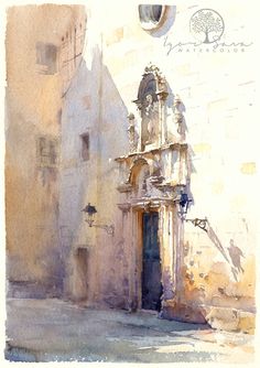 a watercolor painting of an old building