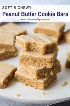 peanut butter cookie bars stacked on top of each other with the words soft & chew