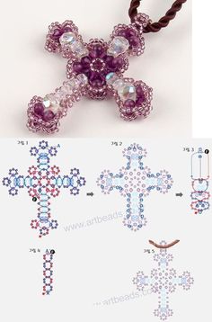 the cross is made from beads and has been beaded in different colors, shapes and sizes