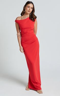 Genie Maxi Dress - Off The Shoulder Dress in Red | Showpo USA Red Pre-draped Maxi Dress, Elegant Red Draped Maxi Dress, Red Pre-draped Dress With Fitted Bodice, Red Dress With Ruched Bodice For Gala, Red Gala Dress With Ruched Bodice, Red Draped Maxi Dress For Party, Red Midi Dress With Pleated Bodice For Cocktail, Red Cocktail Evening Dress With Ruched Bodice, Elegant Red Midi Dress With Ruched Bodice