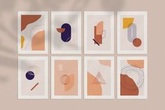 six abstract paintings are arranged on a beige background, each with different shapes and sizes