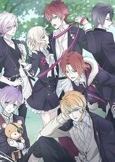 an anime poster with many people in black and white outfits, one is holding a teddy bear