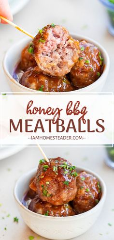 honey bbq meatballs in a white bowl with toothpicks sticking out of them