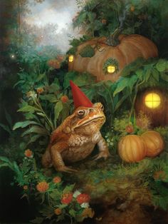 a frog with a red hat sitting in front of pumpkins and other plants on the ground