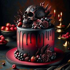 a decorated cake with berries and skulls on it