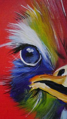 an oil painting of a colorful bird's face