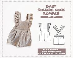 the baby square neck romper sewing pattern is shown