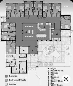 the floor plan for an apartment building with several rooms and two bathrooms, including a swimming pool