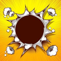 an abstract comic style background with white clouds and a black hole in the center, on yellow