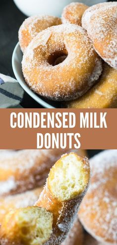 there are several donuts with powdered sugar on them and the words, condenseed milk donuts