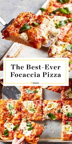 the best - ever focaccia pizza is on display in front of an advertisement