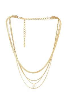 An easy choice that is pre-layered for you. One necklace that looks like 4 pieces layered featuring multi styled chains. 18kt gold plated Cubic Zirconia 16" chains plus 5" extender Cheap Gold Plated Layered Necklace, Cheap Gold Layered Necklaces, Cheap Trendy Alloy Layered Necklace, Luxury Delicate Chain Jewelry For Layering, Cheap Gold Metal Necklace, Multi Layered Gold Necklace Dubai, Layered Necklaces Gold Nordstrom, Cheap Alloy Layered Necklace, Sivlir Necklaces