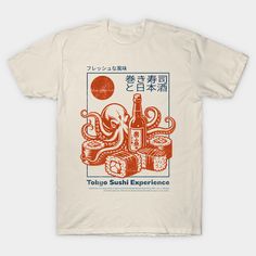 Japanese sushi design with octopus - vintage style for foodies -- Choose from our vast selection of Crewneck and V-Neck T-Shirts to match with your favorite design to make the perfect graphic T-Shirt. Pick your favorite: Classic, Boxy, Tri-Blend, V-Neck, or Premium. Customize your color! For men and women. Group T Shirt Design, Cool Graphic Tshirt Designs, Graphic Tshirt Design Art, Japanese Tshirt Design, Japanese Graphic Tee, Tokyo Sushi, Vintage Tokyo, Art Tees, Vintage Tshirt Design