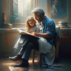 a painting of a father reading to his daughter