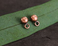 two small copper earrings sitting on top of a green leaf