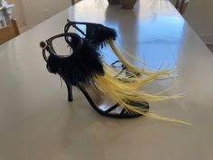 #ad Top Rated Vouelle Paris - Feather High Heel Shoes - Black / Yellow - Size 36.5 (US 6.5), Fashion Women's Shoes Feather Heels, Bird Feather, Heel Shoes, Shoes Black, Top Rated, Black N Yellow, High Heel Shoes, High Heel, Shoes Women Heels