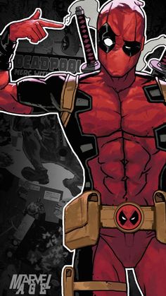 the deadpool character is standing in front of a black background