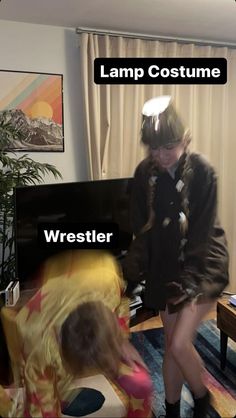 a woman is standing in front of a tv with the caption lamp costume wrestler