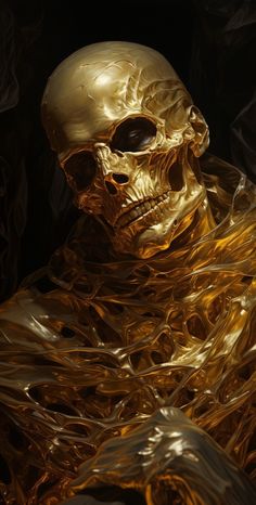 a gold colored skeleton is shown in this artistic photo