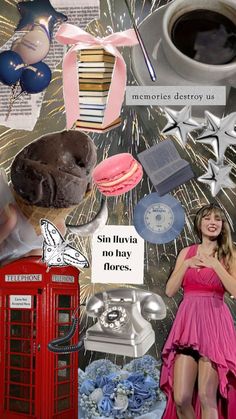 a woman in pink dress standing next to a red phone booth and cup of coffee