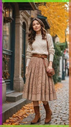 Fall And Winter Dresses And Skirts, Autumn Women’s Clothes, Midi Dress With Sweater Over It, Flowy Winter Outfit, Winter Outfits Cottagecore, Flowy Skirt Outfit Winter, Feminine Autumn Outfits, Modest Cottagecore Outfits, Autumn Skirt Outfit