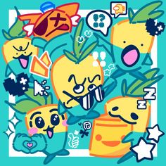 an apple surrounded by other cartoon characters on a blue background with stars and shapes around it