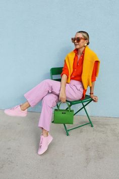 Spring Color Fashion, Bright Elegant Outfit, Bright Bag Outfit, Bright Colours Outfit, Bright Business Outfits, Bright Jacket Outfit, Summer Color Blocking Outfit, Fun Fashion Outfits, Bright Professional Outfit