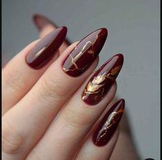 Maroon Autumn Nails, Cabernet Wedding Nails, Burgundy Nails Gold Accent, Crimson And Gold Nails, Crimson Nails Designs, Sophisticated Fall Nails, Wine Red Nails Designs Fall, Gold Accent Nails Acrylic, Nail Designs Burgundy And Gold