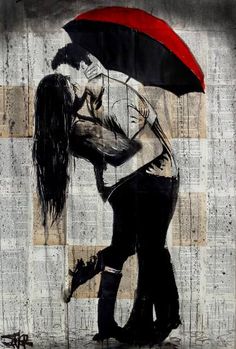 a painting of two people kissing under an umbrella in the rain with newspaper pages behind them