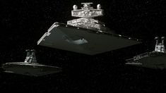 an image of some sort of space ship floating in the air with other ships around it